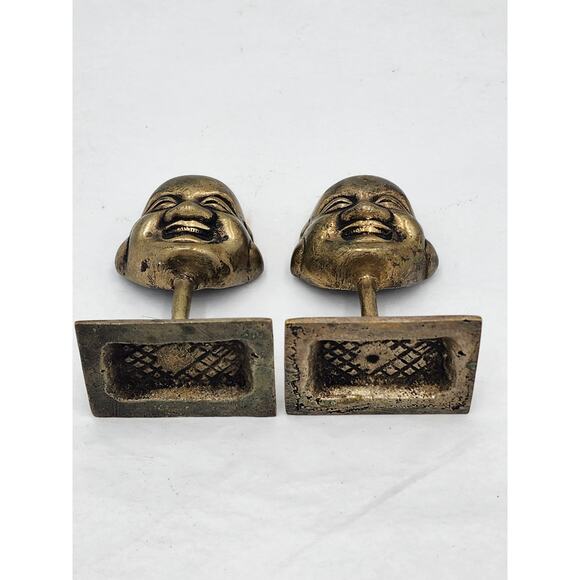 Laughing Buddha Pair Statue Figurines Brass Asian On Miniature Stand 3.5" - Picture 3 of 10